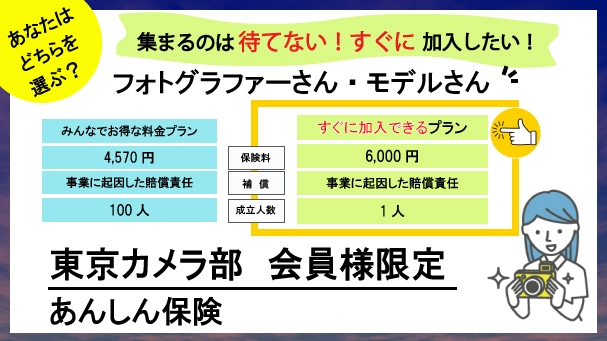 【東京カメラ部会員様限定】集まるのは待てない!すぐに加入したい!あんしん保険